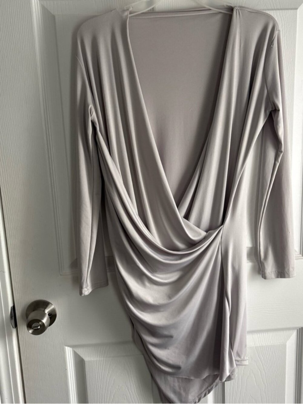 Draped Deep V-Neck Long-Sleeve Dress in Light Gray